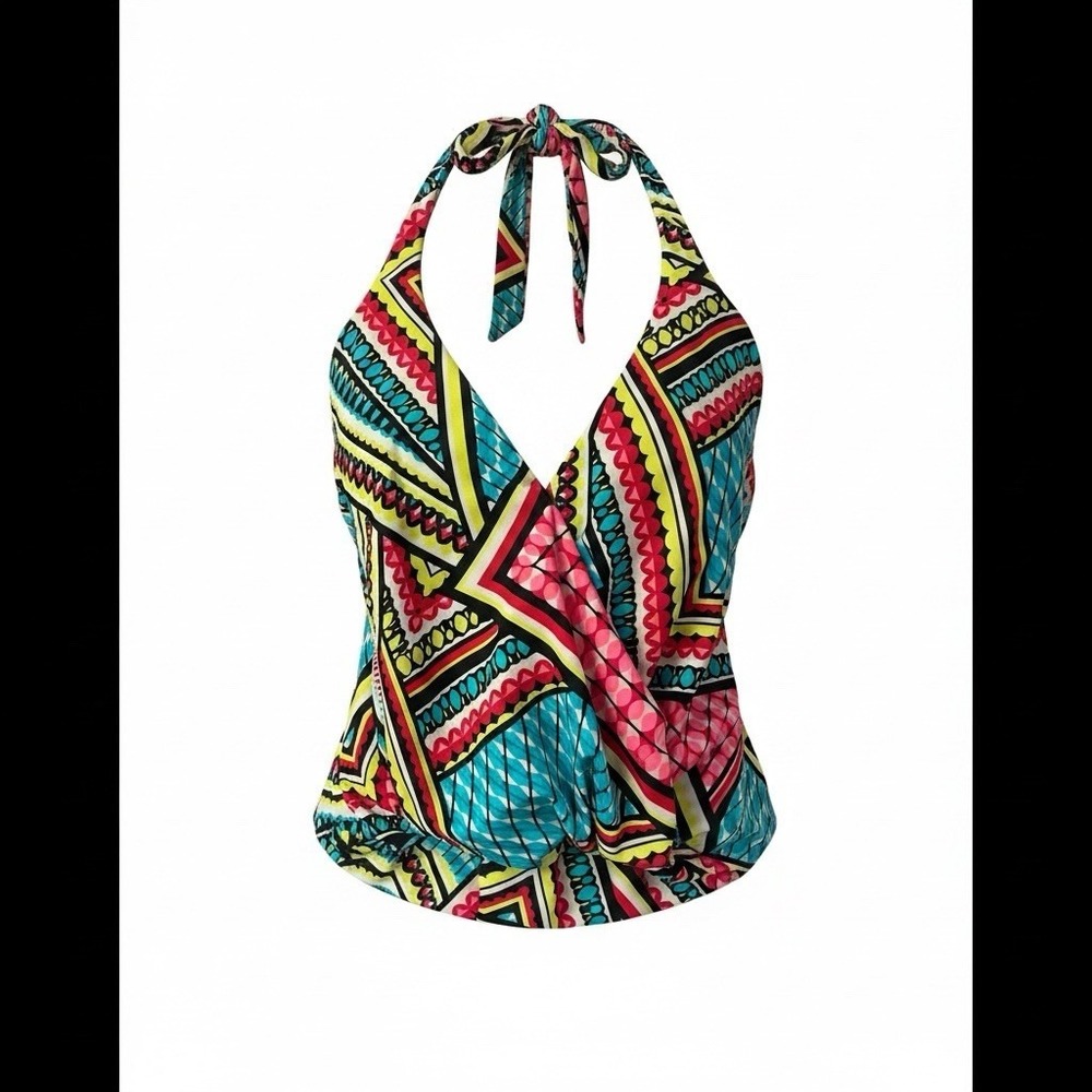 Eco Swim by Aqua Green Halter Swim Top Geometric Multi Color Women Size 8 NWT